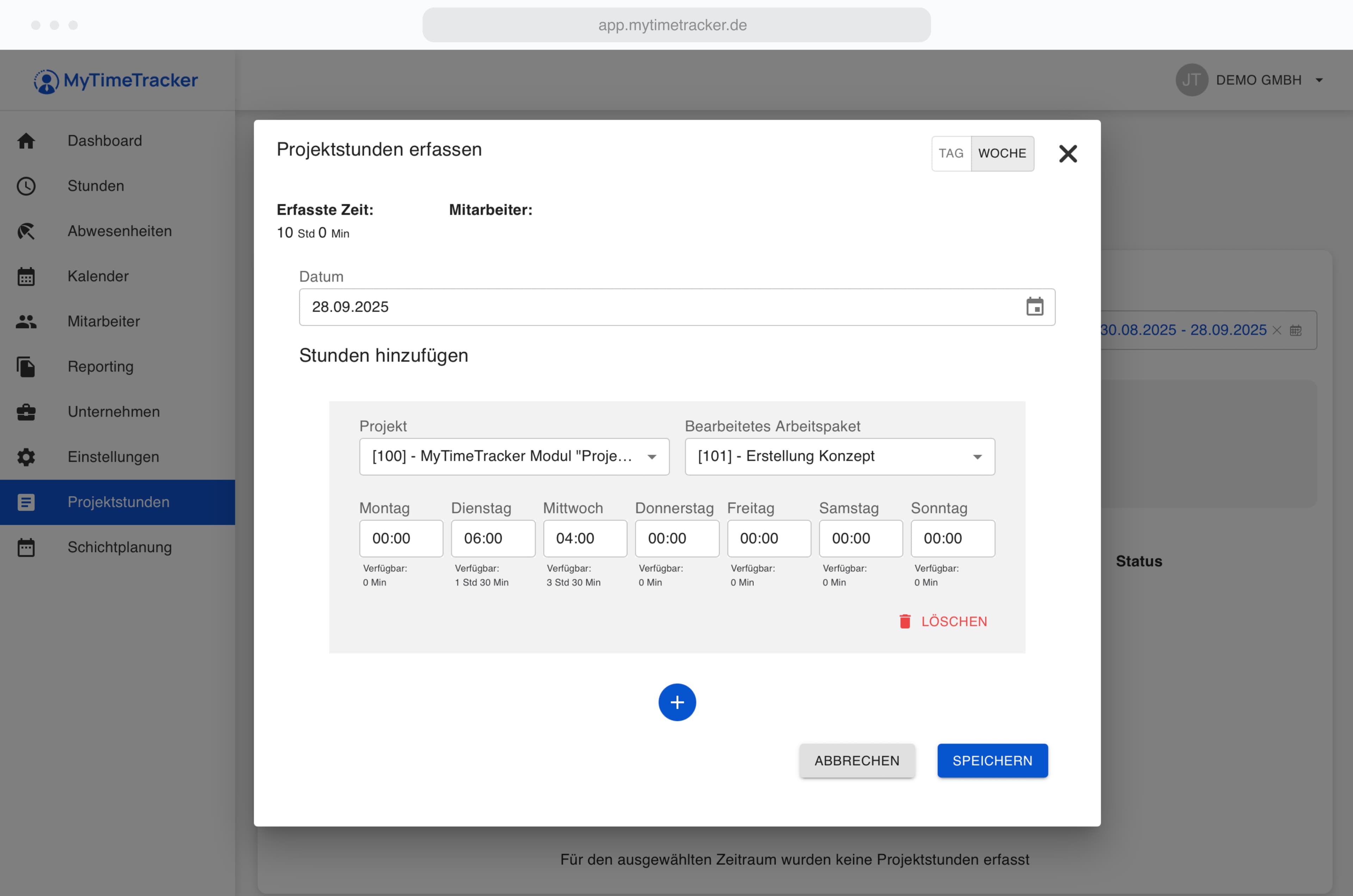 Projektzeiten screenshot