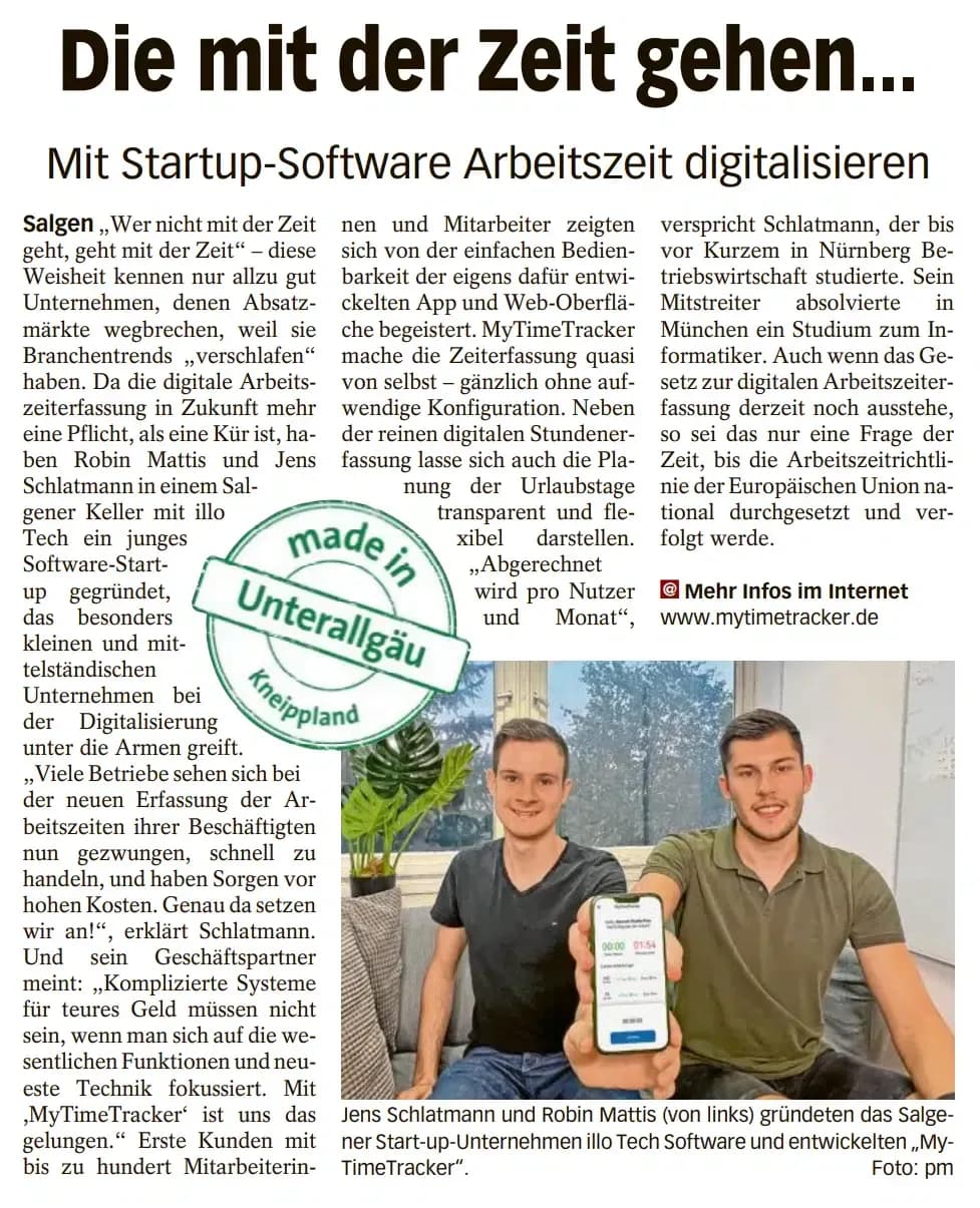 Unterallgäuer Rundschau Artikel MyTimeTracker