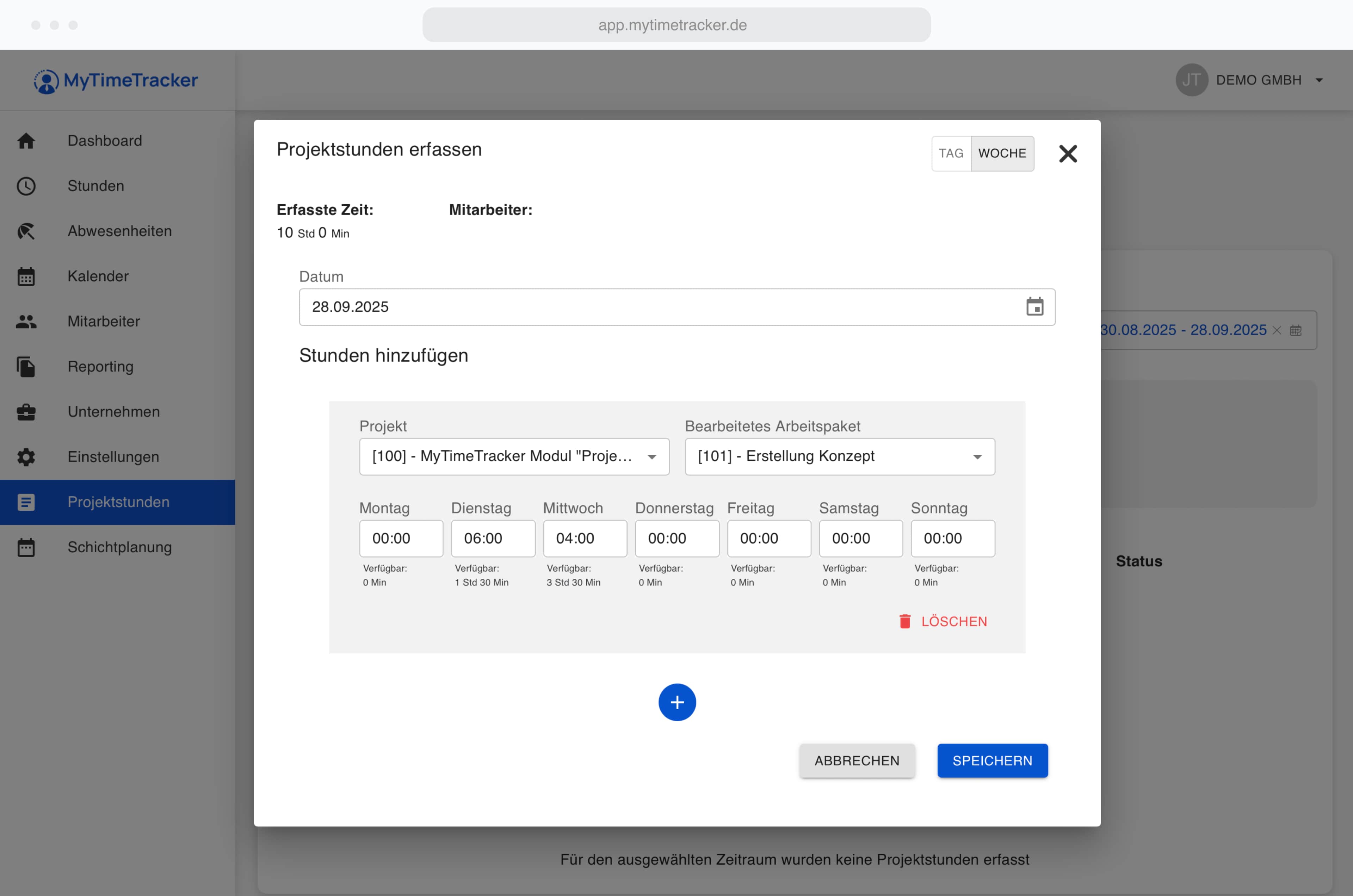 Projektzeiten screenshot